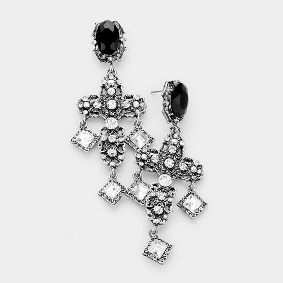 Cross Antique Silver Rhinestone Earrings - Picture 1 of 5